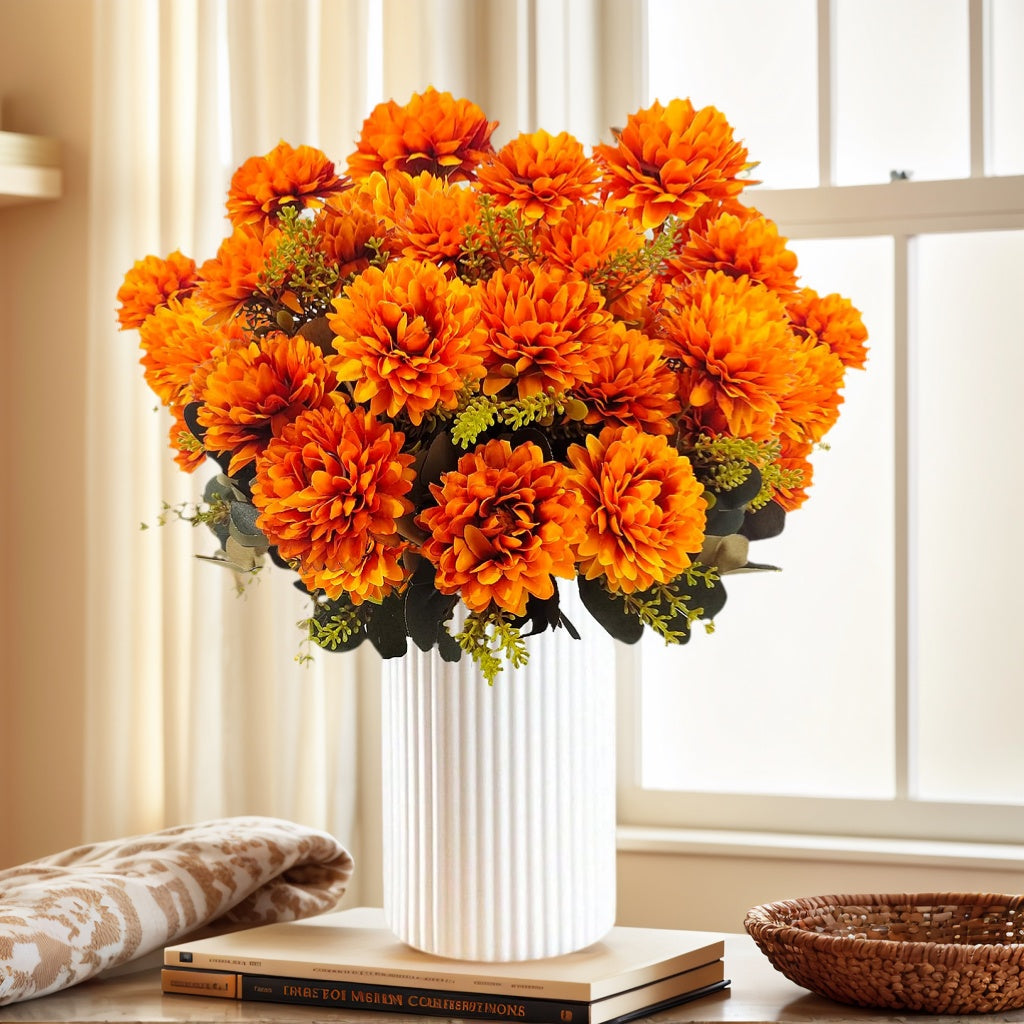 Rustic Fall Artificial Flower Arrangements, 12 Bundles Fall Mums with Daisy & Eucalyptus, Outdoor Fake Plants for Porch, Patio, Garden Pots, Lawn & Courtyard Decor