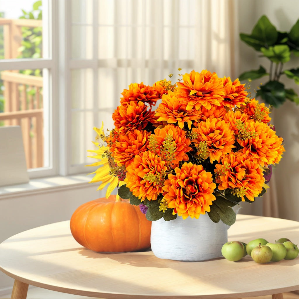 Fall Flowers Artificial for Decoration, 18 Heads Fake Mums Fall Floral Arrangement Silk Chrysanthemums Bouquet for Outdoor Home Indoor Table Pots Vase Cemetery Decoration, 2 Pcs