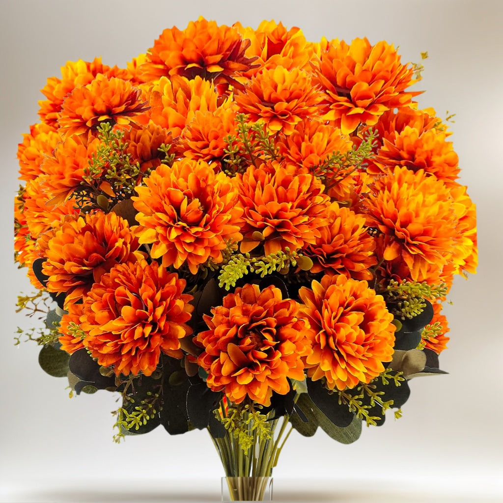 Rustic Fall Artificial Flower Arrangements, 12 Bundles Fall Mums with Daisy & Eucalyptus, Outdoor Fake Plants for Porch, Patio, Garden Pots, Lawn & Courtyard Decor