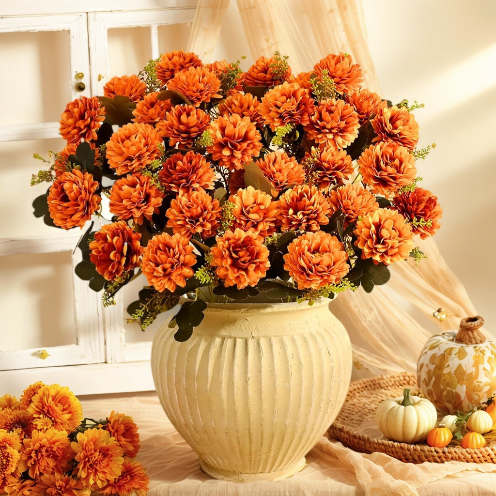 Rustic Fall Artificial Flower Arrangements, 12 Bundles Fall Mums with Daisy & Eucalyptus, Outdoor Fake Plants for Porch, Patio, Garden Pots, Lawn & Courtyard Decor