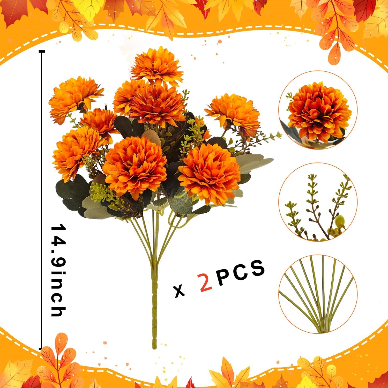 Fall Flowers Artificial for Decoration, 18 Heads Fake Mums Fall Floral Arrangement Silk Chrysanthemums Bouquet for Outdoor Home Indoor Table Pots Vase Cemetery Decoration, 2 Pcs